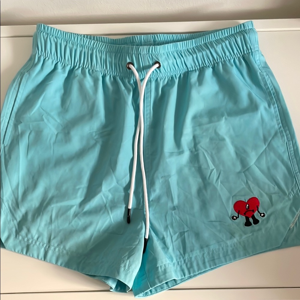 Bad Bunny Un Verano Sin Ti Blue Heart Embroidered Men's Swimwear Shorts
